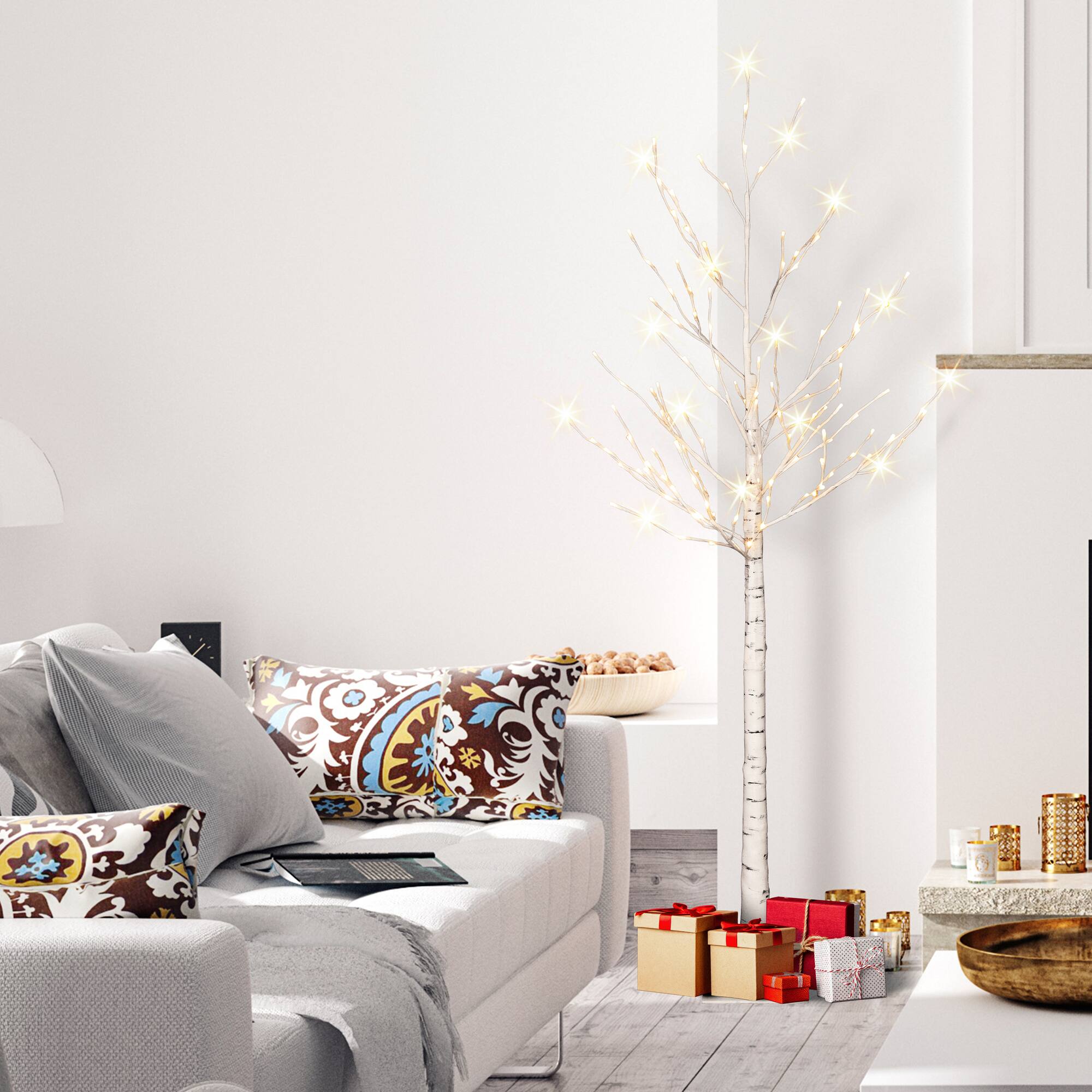 6ft. Pre-Lit White Artificial Twig Tree, Warm White LED Lights